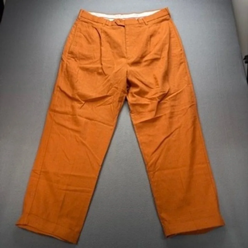TRUST Linen Blend Pleated Dress Pants Relaxed 38x30 (FIT 37x27) Orange Cuffed